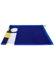 Premium BANG! Clothing  lint-free absorbent towel for the beach and pool in bold blue color and colored stripes by BANG! Clothes based in Miami, Florida. 
