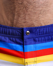 Close-up view of the STRIPE'A'POSE men’s beach shorts, showing custom branded metal button in gold by Bang!