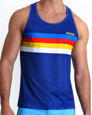 Frontal view of model wearing Stripe'A'Pose men’s tank top by the Bang! Clothes brand of men's beachwear from Miami.