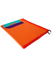Premium BANG! Clothing  lint-free absorbent towel for the beach and pool in bold orange color and colored stripes by BANG! Clothes based in Miami, Florida. 