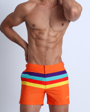 Frontal view of model wearing Stripe'A'Pose men’s swimwear by the Bang! Clothes brand of men's beachwear from Miami.