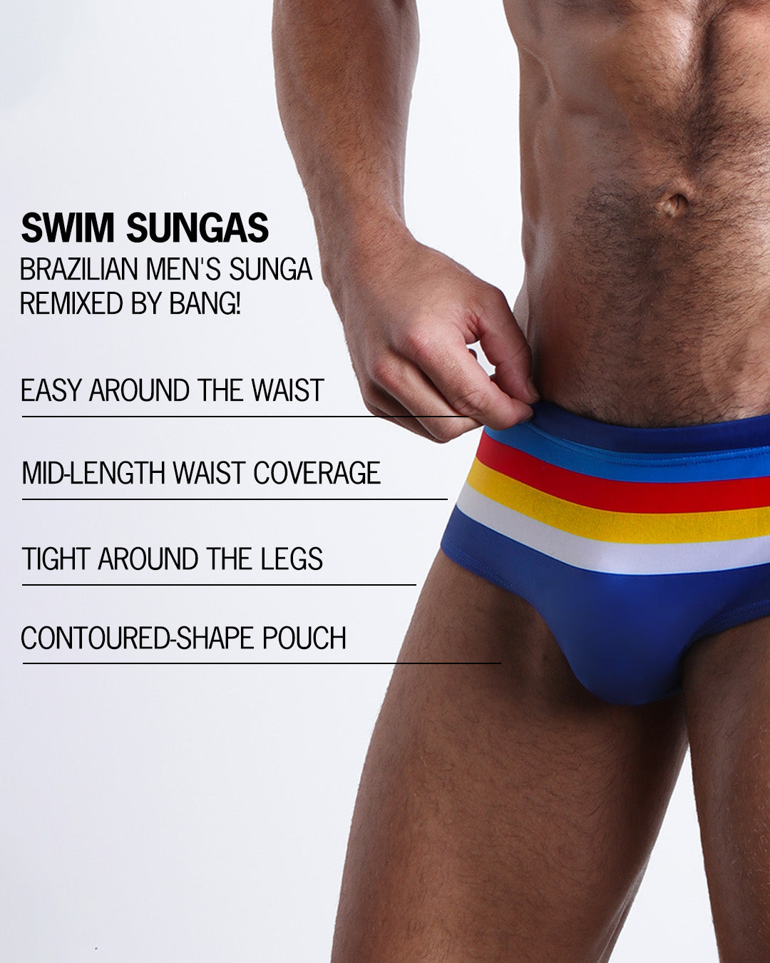 Infographic explaining the Brazilian Men's Swim Sunga remixed by BANG! These Swim Sunga are easy around the waist, are mid-length waist coverage, are tight aroung the legs, and have contoured-shape pouch.