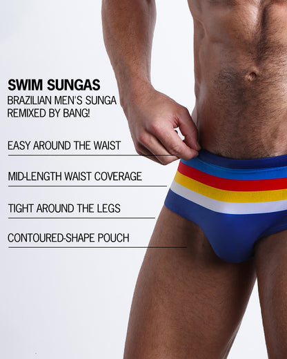 Infographic explaining the Brazilian Men's Swim Sunga remixed by BANG! These Swim Sunga are easy around the waist, are mid-length waist coverage, are tight aroung the legs, and have contoured-shape pouch.