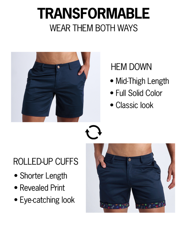 Infographic explaining the Bang! Clothing chino shorts 2-in-1 feature that can be worn both ways. Option of rolled-up cuffs for shorter length and showing internal print. Or hem down for a mid-thigh length and full-solid navy blue color showing.