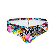 Front view of a sexy male model wearing men's swimwear with pop-culture theme made by the Bang! brand of men's beachwear.