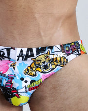 This men's bikini feature fun and enegetic comics-style graphics in bold colors, with a prominent BANG! illustration.