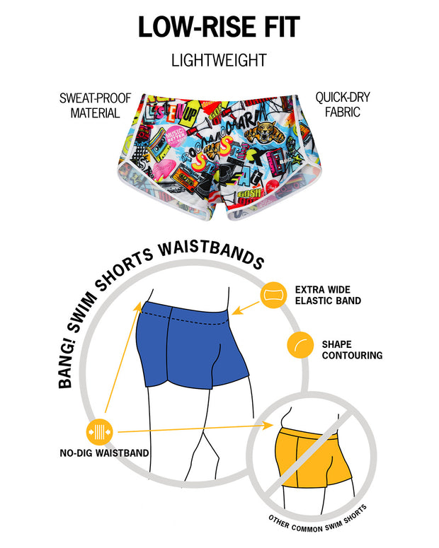 Infographic of BANG! mens premium swimwear premium fit bold colors gay miami florida beach sexy