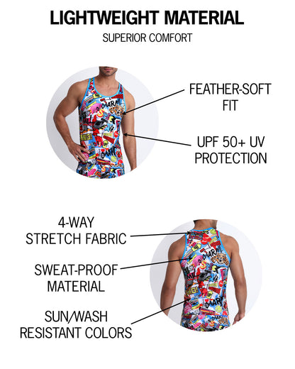 Infographic explaining superior comfort and lighweight material on BANG Miami tank tops 2021 lgbtq premium fit designer