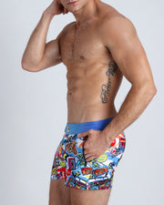 These beach boardies for men feature fun and enegetic comics-style graphics in bold colors with a prominent BANG! sign.