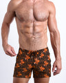 Frontal view of model wearing the TIGER HEARTS men’s mini shorts featuring Brown with Orange Tigers pop art by the Bang! menswear brand.