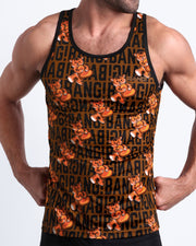 Front view of model wearing the TIGER HEARTS men’s beach tank top featuring Brown with Orange Tigers pop art by the Bang! Clothes brand of men's beachwear from Miami.