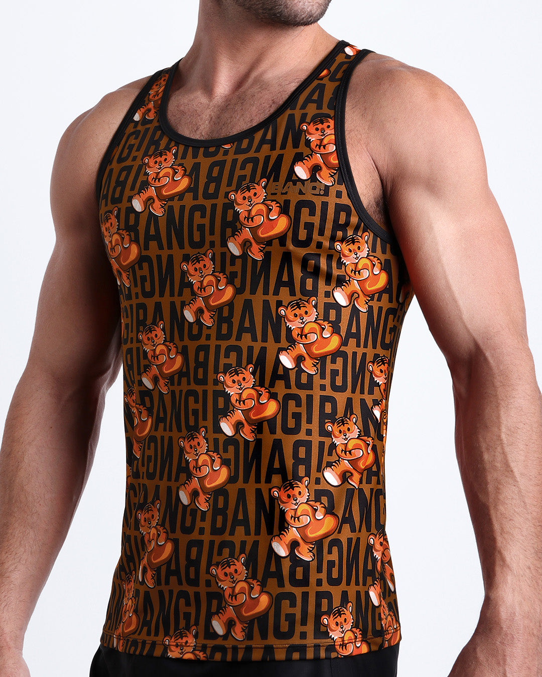 Side view of men’s casual tank top in TIGER HEARTS featuring a black and brown Tiger Pop Art Monogram print made by Miami based Bang brand of men's beachwear.