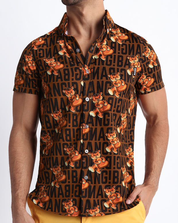 Front view of the TIGER HEARTS men’s short-sleeve hawaiian stretch shirt featuring Brown with Orange Tigers pop art by the Bang! brand of men&