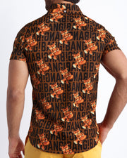 Back side of the TIGER HEARTS stretch shirt for men in brown with orange tigers holding a heart pop art artwork by BANG! Miami.