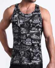 Front view of model wearing the TOILE DE MIAMI (BLACK) men’s beach tank top in black with white Toile De Jouy art by the Bang! Clothes brand of men's beachwear from Miami.
