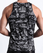 Back view of male model wearing the TOILE DE MIAMI (BLACK) summer tank top for men by BANG! Miami featuring in black with white art.