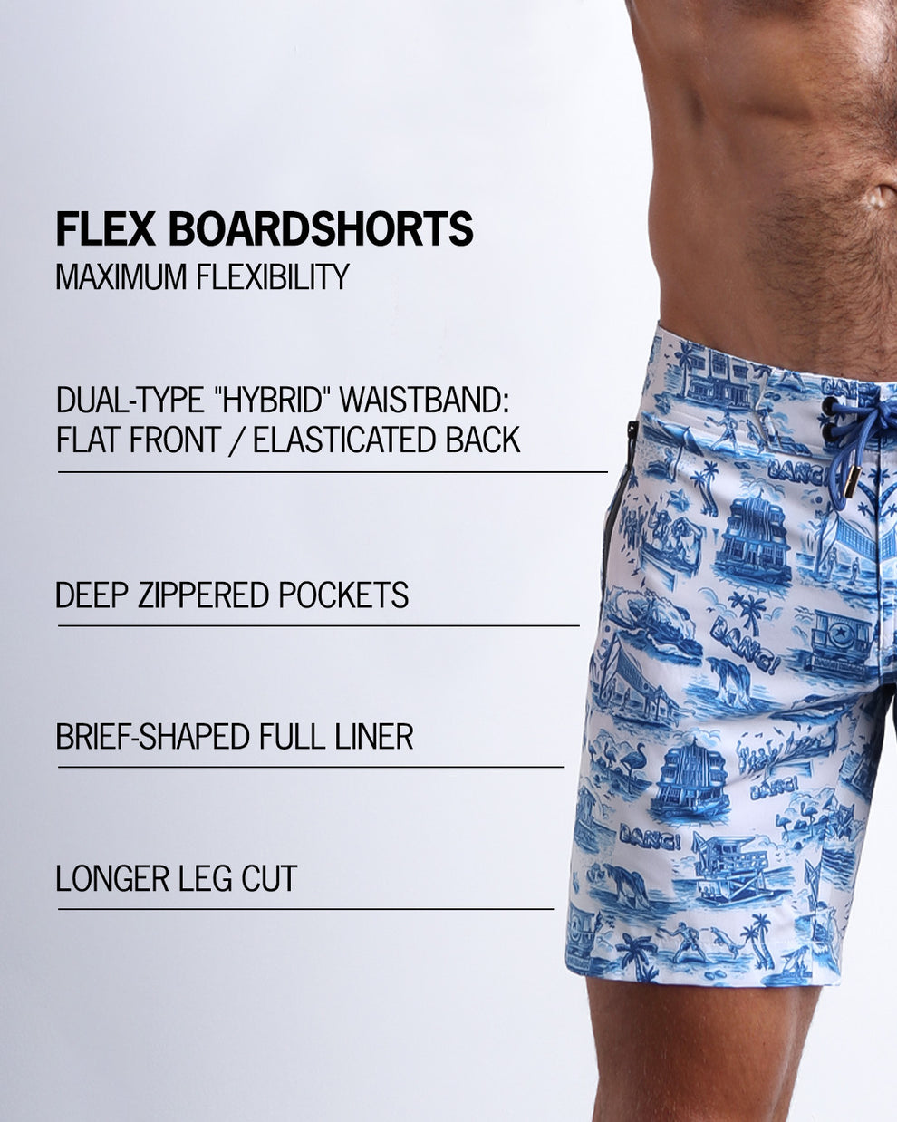 Infographic explaining all the features on the BANG! Clothes Flex Boardshorts. They have deep zippered pockets, brief-shaped full liner, longer leg cut, and a dual-type "hybrid" waistband.