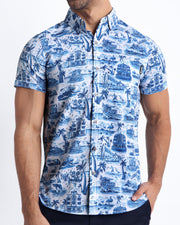 Front view of the TOILE DE MIAMI (BLUE) men’s short-sleeve hawaiian stretch shirt featuring Toile De Jouy in white with blue Art by the Bang! brand of men's beachwear from Miami.