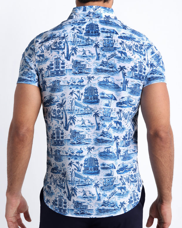Back side of the TOILE DE MIAMI (BLUE) stretch shirt for men featuring a navy blue and white toile de jouy print by BANG! Miami.