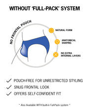 Infographic explaining the without 'FULL-PACK' SYSTEM features pouch-free, offers snug fronts  fit, and offers self-confident fit.