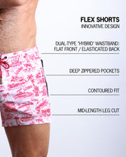 Infographic explaining the innovative design of the FLEX SHORTS. They're dual-type "hybrid" waistband, deep zippered pockets, contoured fit and mid-length leg cut by BANG! Clothes based in Miami.