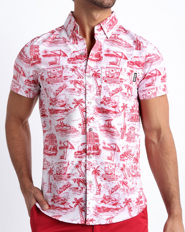 Front view of the TOILE DE MIAMI (RED) men’s short-sleeve hawaiian stretch shirt featuring Toile De Jouy in white with red Art by the Bang! brand of men&