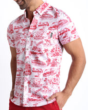Side view of the TOILE DE MIAMI (RED) men’s Summer button down in white with red artwork by Miami based Bang brand of men's beachwear.