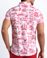 Back side of the TOILE DE MIAMI (RED) stretch shirt for men featuring a red and white toile de jouy print by BANG! Miami.
