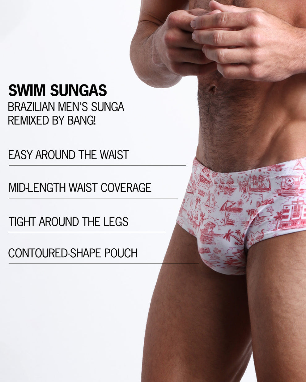 Infographic explaining the Brazilian Men's Swim Sunga remixed by BANG! These Swim Sunga are easy around the waist, are mid-length waist coverage, are tight aroung the legs, and have contoured-shape pouch.
