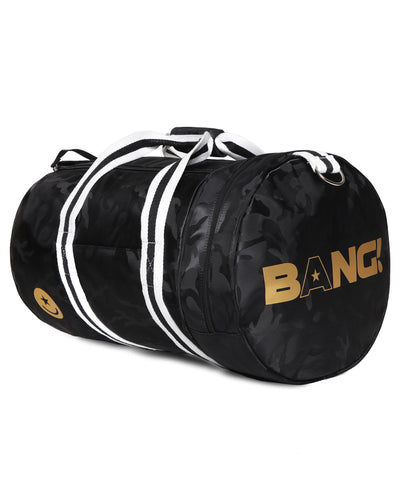 The Weeknder (Black) Bang Clothes Gym Duffel Beach Bag Weekend Travel Bag in black camo with golden logo and details