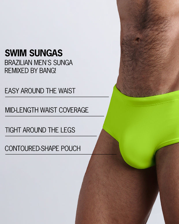 Infographic explaining the features of the ULTRA NEON Swim Sunga by BANG! Clothes. These Brazilian men&