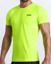 Side view of men’s exercise tee for gym, crossfit, yoga in neon yellow color made by BANG! Clothing the official brand of mens beachwear. 