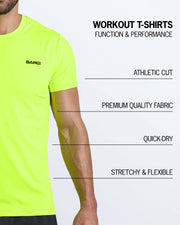 Infographic explaining that BANG!'s Workout T-Shirt are for function and performance. They have an athletic cut, premium quality fabric, quick-dry and are stretchy and flexible.