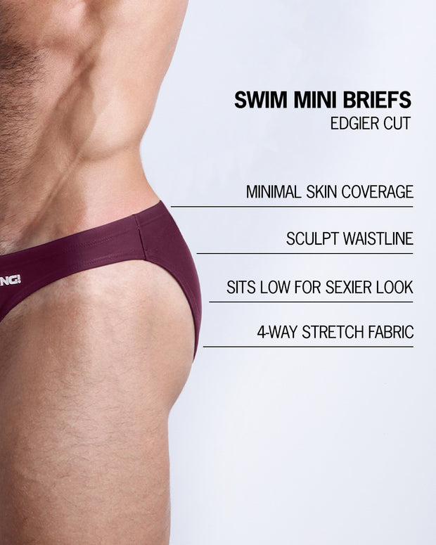 Infographic explaining the features of the VERY BERRY Swim Mini Brief. This swimsuit for men have minimal skin coverage, sculpt waistline, sits low for sexier look, and have 4-way stretch fabric.