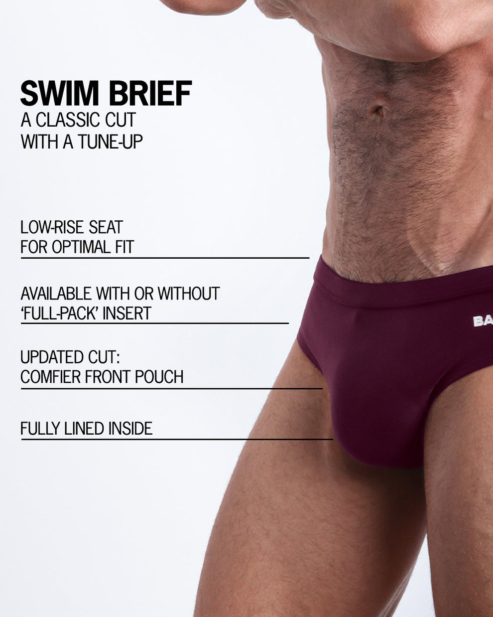 Infographic explaining the classic cut with a tune-up Swim Brief by BANG! Clothes. These men swimsuit is low-rise seat for optimal fit, available with or without 'Full-Pack' insert, comfier front pouch, and fully lined inside.