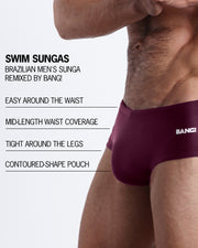 Infographic explaining the features of the VERY BERRY Swim Sunga by BANG! Clothes. These Brazilian men's swim sunga are easy around the waist, tight around the legs, have a contoured-shape pouch and are mid-length waist coverage.