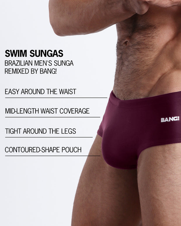 Infographic explaining the features of the VERY BERRY Swim Sunga by BANG! Clothes. These Brazilian men&