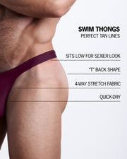 Infographic explaining all the features of the VERY BERRY Swim Thong by BANG! Clothes. These perfect for tan line swim thongs sits low for sexier look, "T" back shape, 4-way stretch fabric, and are quick-dry.