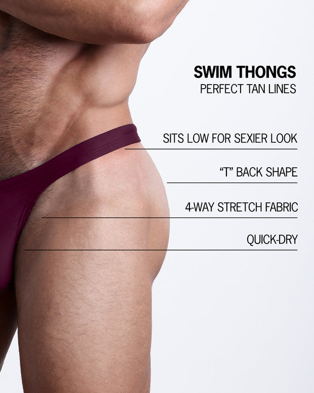 Infographic explaining all the features of the VERY BERRY Swim Thong by BANG! Clothes. These perfect for tan line swim thongs sits low for sexier look, "T" back shape, 4-way stretch fabric, and are quick-dry.