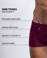 Infographic explaining the features of the VERY BERRY Swim Trunks made by BANG! Clothes. These skin-hugging fit mens swimsuit are square-cut silhouette, have zippered mini pocket, waistband drawstring, and quick-dry fabric.
