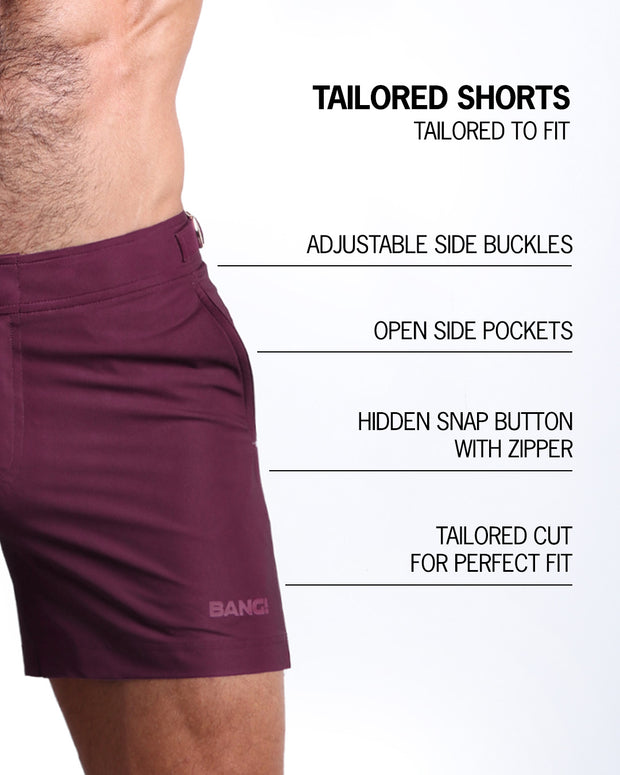 Infographic explaining the BANG! Clothes Tailored Shorts tailored to fit with hidden snap button with zipper, reinforced side pockets, and welded back pocket with zipper premium quality beach shorts for men.