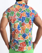 Back side of the VIA POSTAL casual Summer shirt for men featuring red, green, yellow Miami Postage stamps by BANG! Clothes
