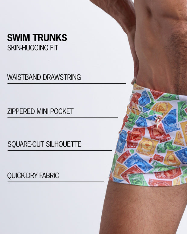 Infographic explaining the Swim Trunks swimming shorts by BANG! These Swim Trunks have a skin-hugging fit, have a wasitband drawstring, zippered mini pocket, square-cut silhouette and quick-dry fabric.