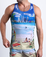 Model wearing the WISH YOU WERE HERE matching beach shorts and tank top for a complete look by BANG! Clothes from Miami.
