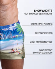 Infographic explaining BANG!'s Show Shorts the "showiest" beach shorts. These shorts have drawstring fastening, deep slip pockets, 4-way stretch material, and quad friendly shorter leg length.