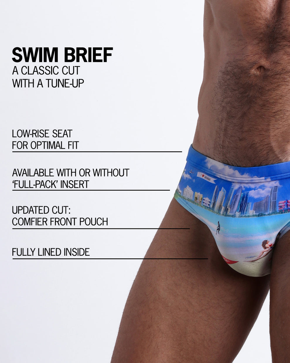 Infographic explaining the classic cut with a tune-up Swim Brief by BANG! Clothes. These men swimsuit is low-rise seat for optimal fit, available with or without 'Full-Pack' insert, comfier front pouch, and fully lined inside.