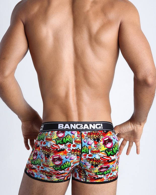 Back view of model wearing the YEAH YEAH men’s beathable cotton boxer briefs for men by BANG! Underwear trunks provide all-day comfort and secure fit.