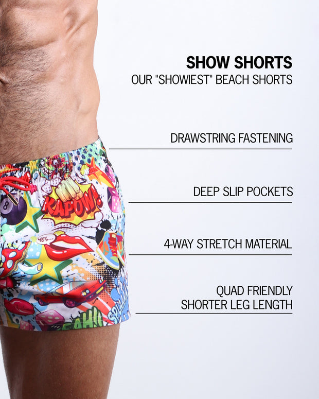 Infographic explains the features of BANG!’s showiest Show Shorts. These shorts have deep slip pockets, drawstring fastening, 4-way stretch material, and are quad friendly with shorter leg length.