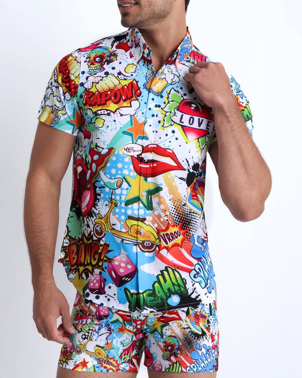 This swimsuit for men features fun and energetic comics-style graphics in bold colors with a prominent BANG! Illustration.