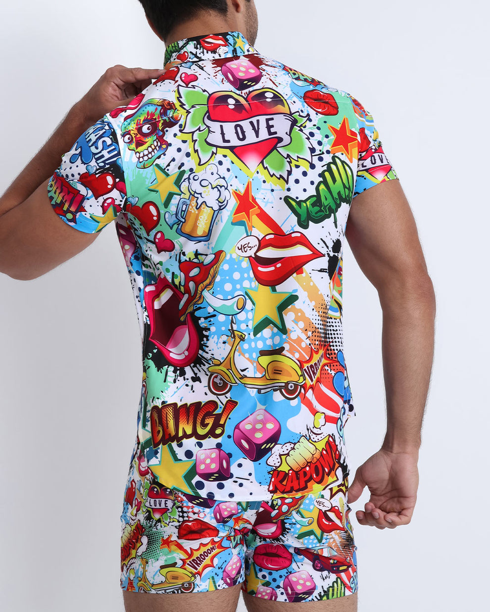 Back view of a sexy men's swimsuit featuring bold prints, dice, retro cars, bold colors and beautiful style